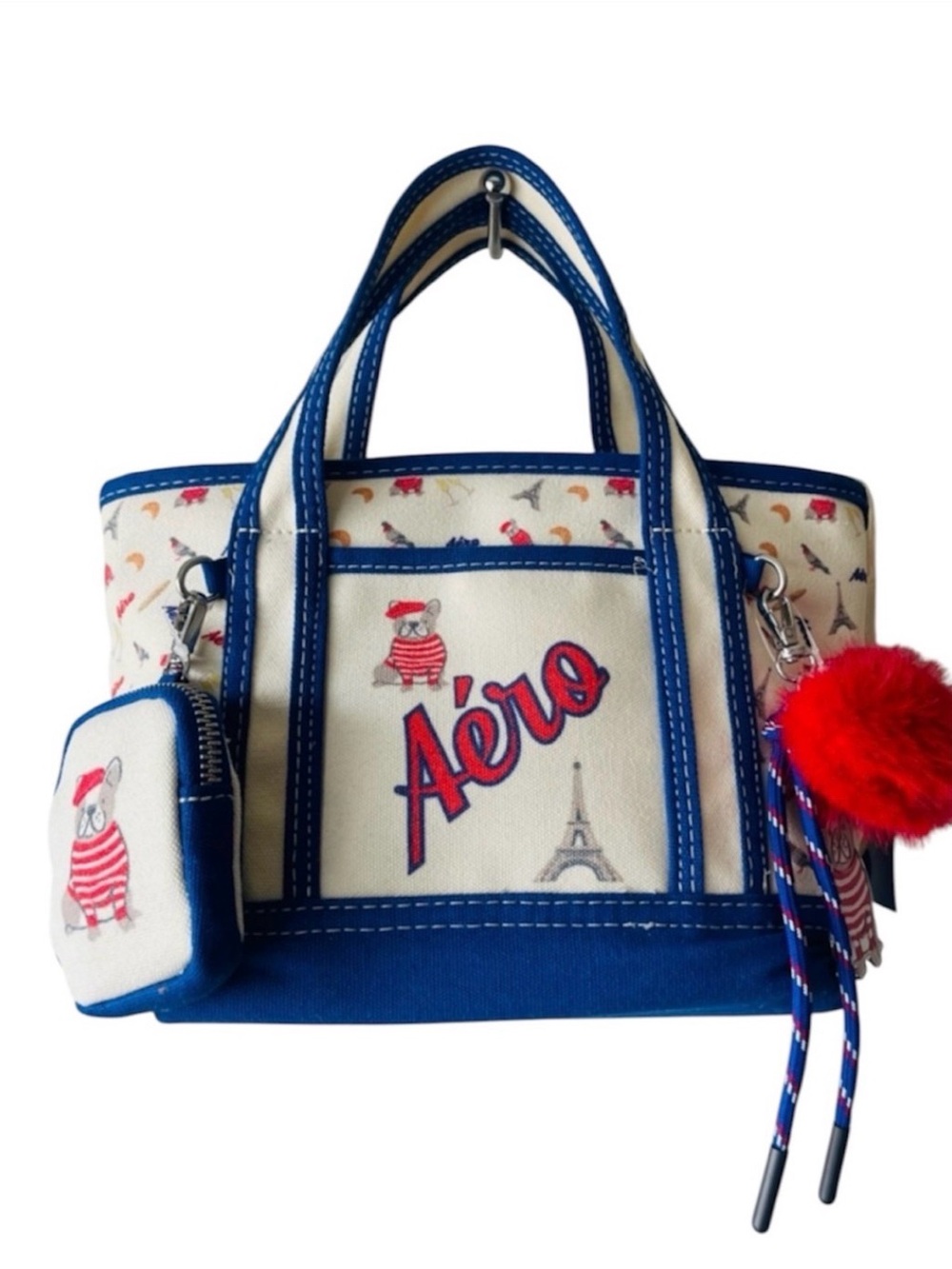 Aeropostale Mini Canvas Tote Crossbody Bag Royal Blue Paris Bulldog NWT Festive